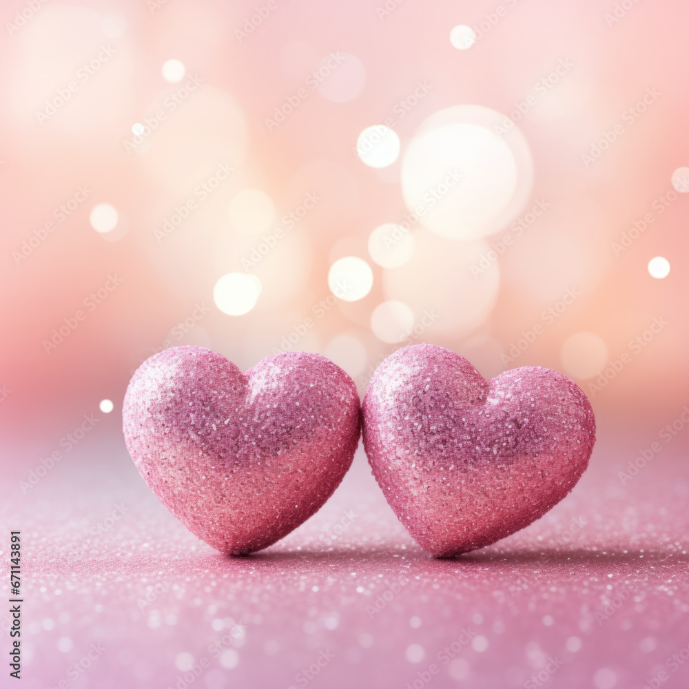 Two Hearts On Pink Glitter In Shiny Background Two Hearts On Pink Glitter In Shiny Background