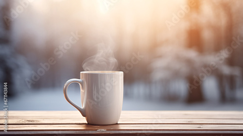 A cup of coffee on an outdoor table with a winter view and a snowy background