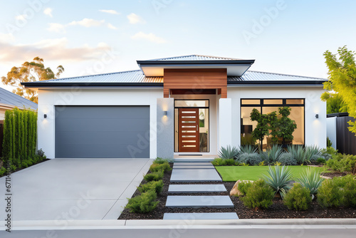 Exterior front facade of new modern Australian style home, residential architecture