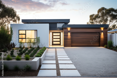 Fototapeta Exterior front facade of new modern Australian style home, residential architect