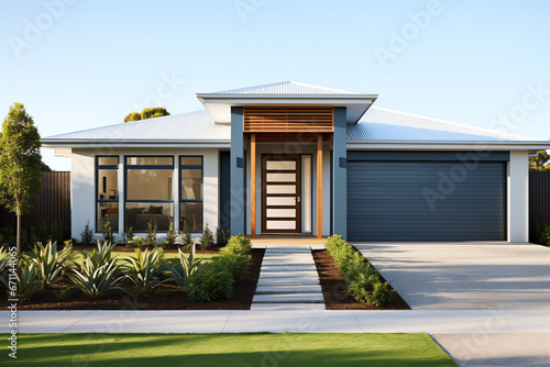 Exterior front facade of new modern Australian style home, residential architecture photo