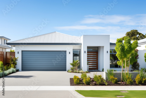 Exterior front facade of new modern Australian style home, residential architecture