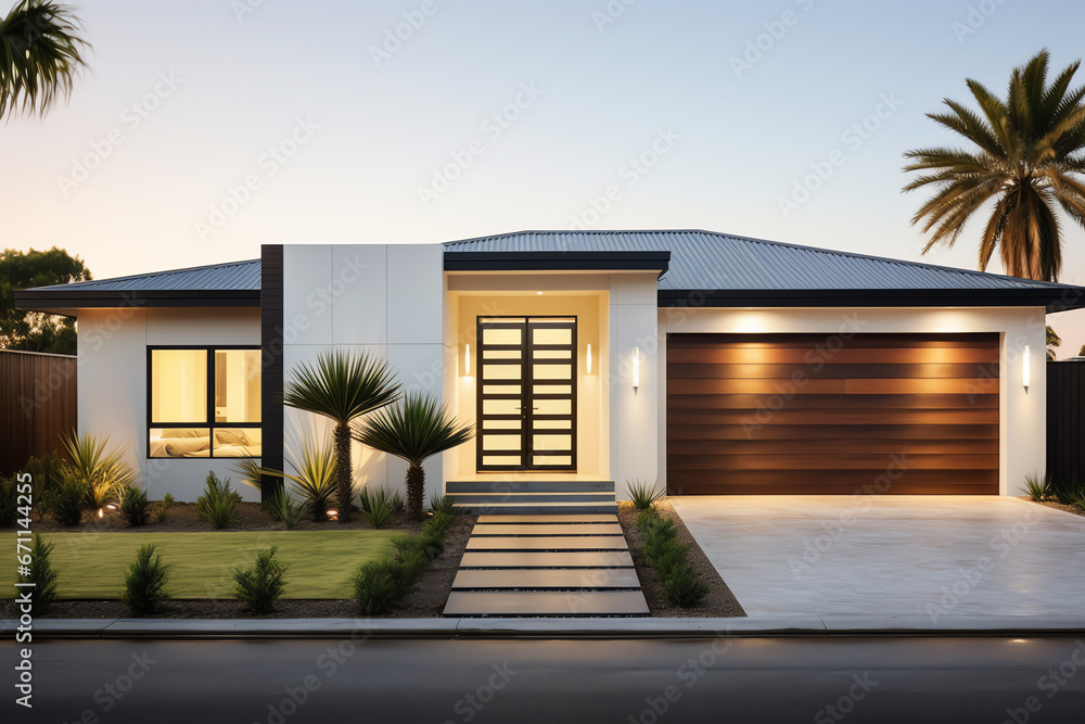 Exterior front facade of new modern Australian style home, residential architecture Exterior front facade of new modern Australian style home, residential architecture