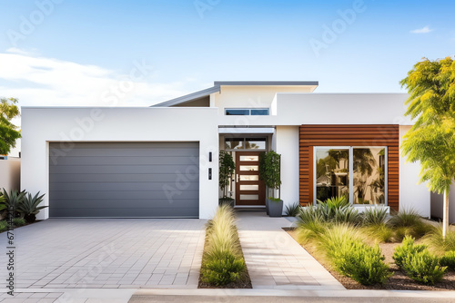 Exterior front facade of new modern Australian style home, residential architecture © Pemika