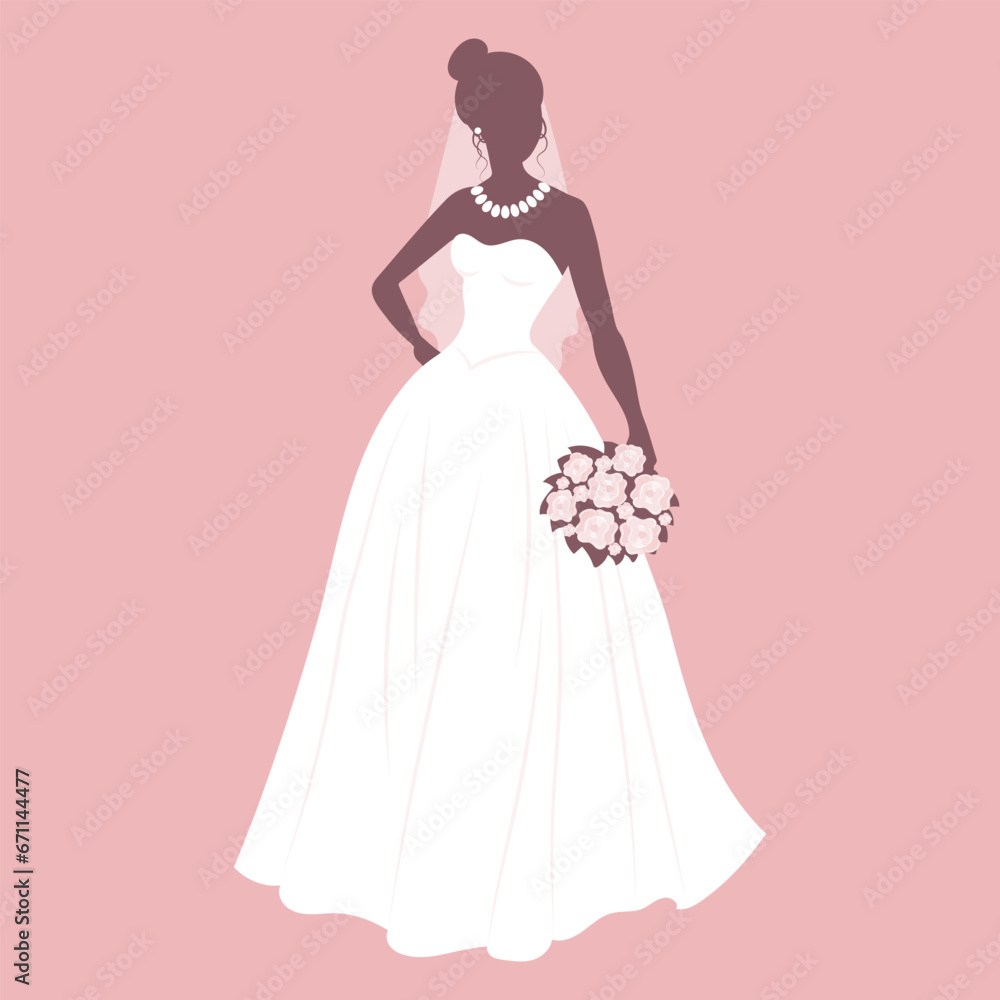 Bride in a wedding dress, silhouette. Luxury wedding illustration, template for invitation. Illustration, vector
