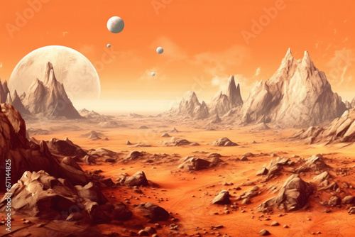 Majestic alien landscape under an orange sky. Distant planets rise over rugged terrains and vast deserts.