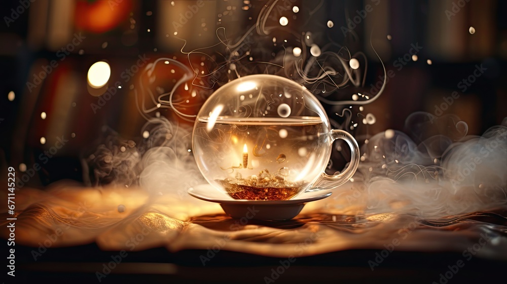 a glass bowl filled with liquid sitting on top of a wooden table next ...