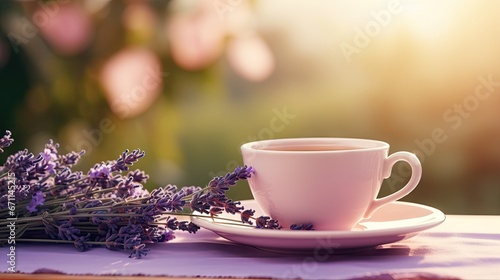  a close up of a cup and saucer on a saucer with a bunch of lavender flowers in front of a blurry background of a teacup and saucer. generative ai