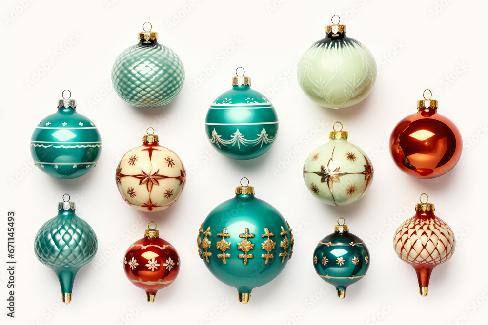 Nostalgic 1950s Christmas tree decorations set isolated on a white background Nostalgic 1950s Christmas tree decorations set isolated on a white background