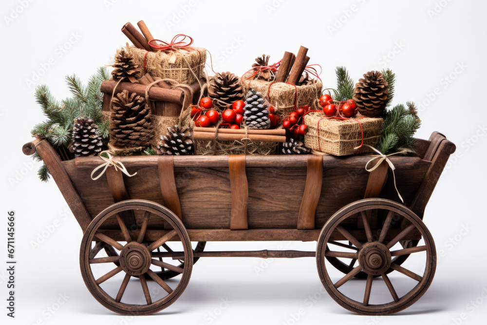 Rustic wooden sleigh filled with old-fashioned Christmas gifts isolated on a white background 