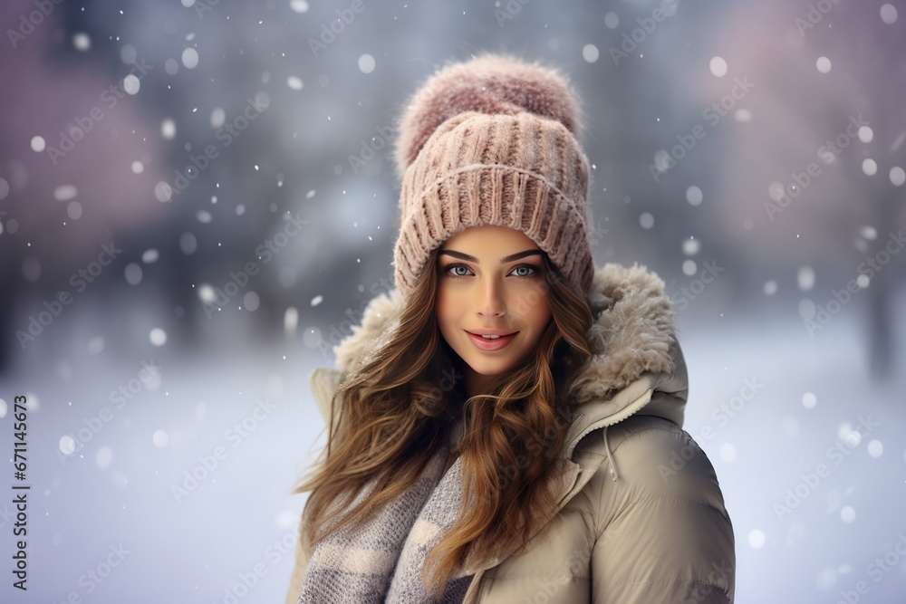 Winter fashion. Beautiful young woman in warm clothes looking at camera while standing outdoors Winter fashion. Beautiful young woman in warm clothes looking at camera while standing outdoors