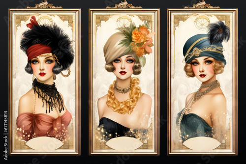 Roaring twenties styled flapper girls for vintage Christmas party posters  photo