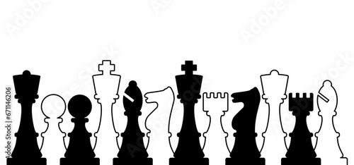 Chess pieces tower horse bishop, king queen Chess Board Setup Vector icon or symbol pieces Flat style the starting positions figures pieces tournament strategy silhouette checker board. Square checker