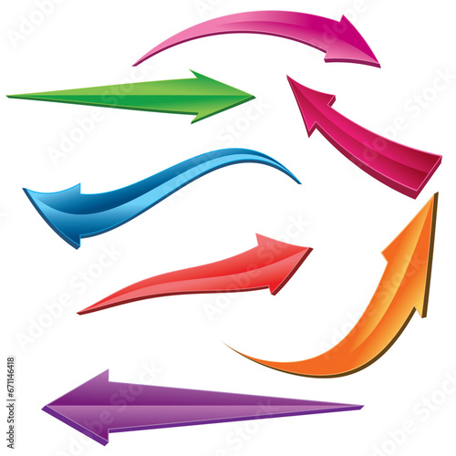 Set of 3d shiny arrows. 3D Arrow Shapes Collection. Arrow icon set. Colored arrow symbols. Arrow of different types. 