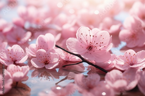 The cherry blossom on the surface of the water have a beautiful reflection.