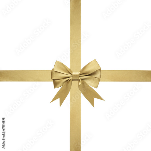 golden ribbons with bow on white background
