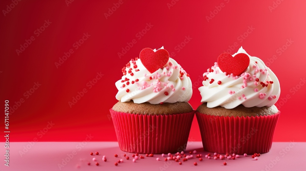 Valentine's Day cupcakes with sugar heart decorations on a red background