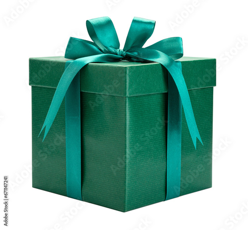 Small green box with gift, ribbon and bow isolated on white background