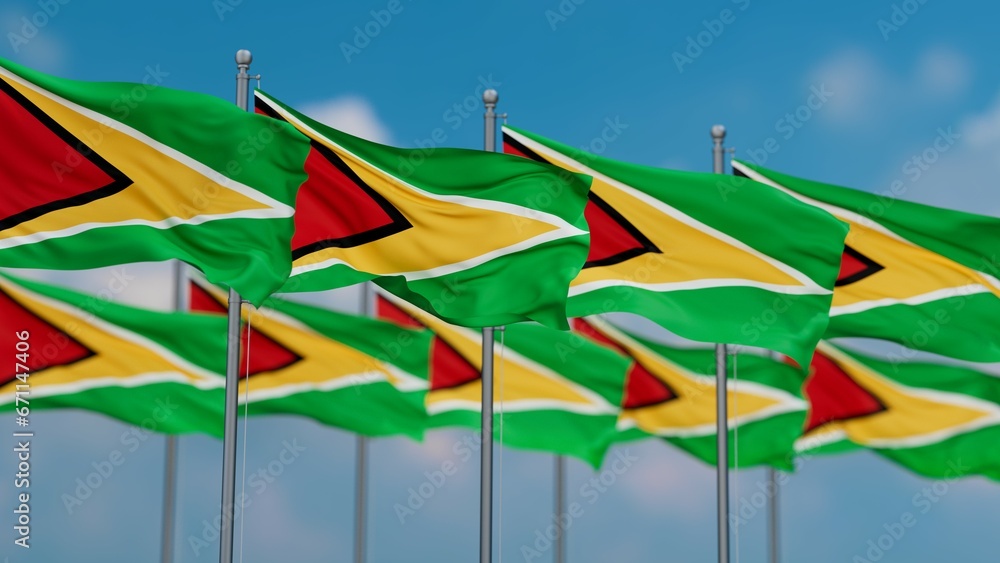 Guyana many flags in row, multiple flags in line Guyana many flags in row, multiple flags in line