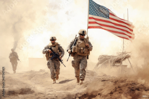 Group of United states soldiers with USA flag moving in the desert