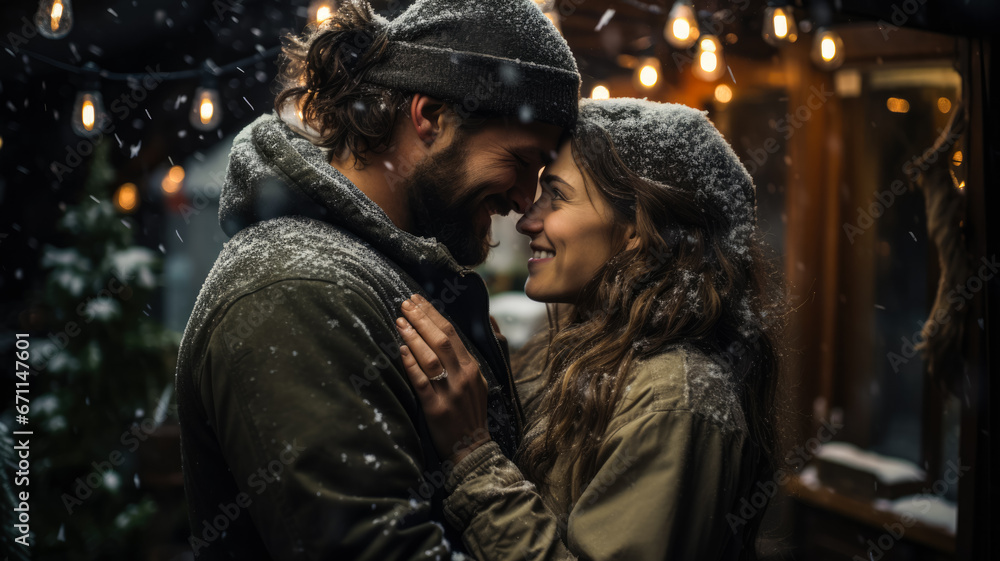 Blissful couple nestling in a cozy cabin amidst heavy snowfall 