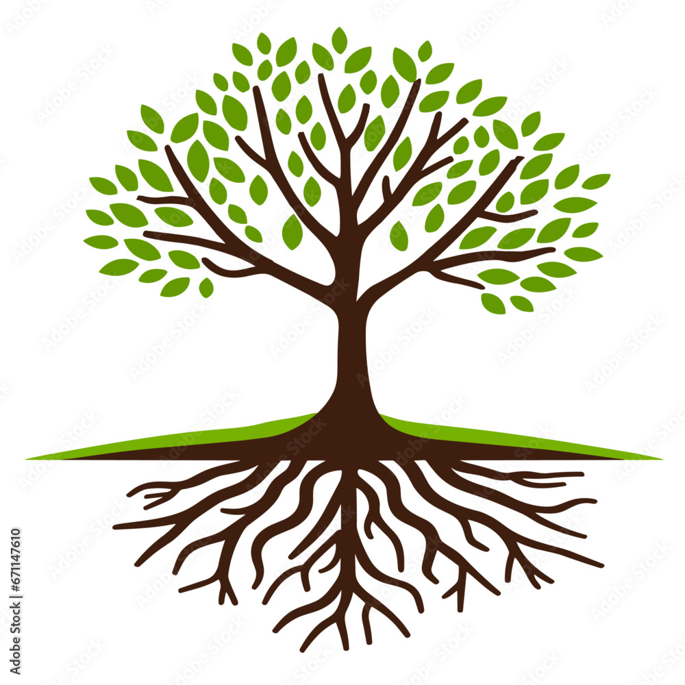 Fototapeta premium Green Tree with Roots. Vector Illustration