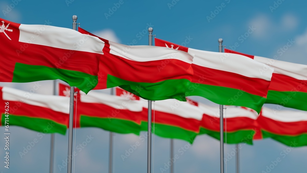 Oman many flags in row, multiple flags in line Oman many flags in row, multiple flags in line