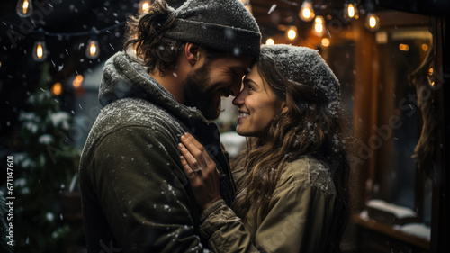 Blissful couple nestling in a cozy cabin amidst heavy snowfall 