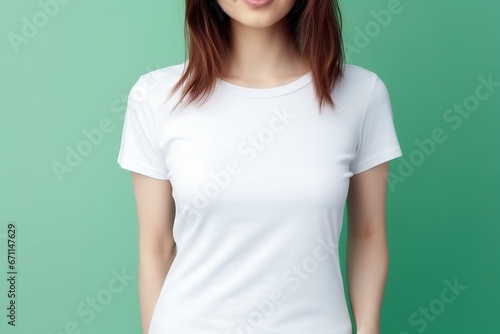 Young woman wearing belle canvas white shirt mockup, at light green background. Design tshirt template, print presentation mock-up