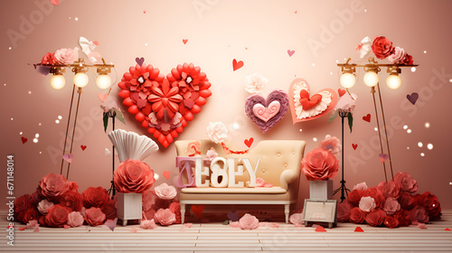 lovely background , red color theme party decoration , decoration with balloons , room decorated for valentine day 
