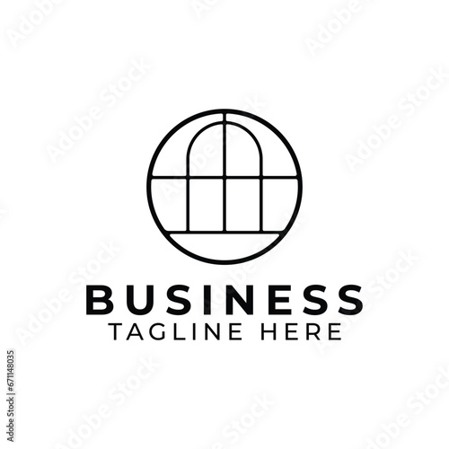 Antique arch window logo in circle, and Historic Niche door icon vector in vintage minimal style design
