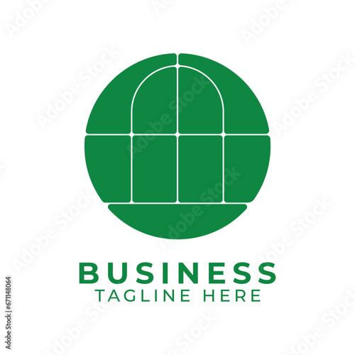 Antique arch window logo in circle, and Historic Niche door icon vector in vintage minimal style design