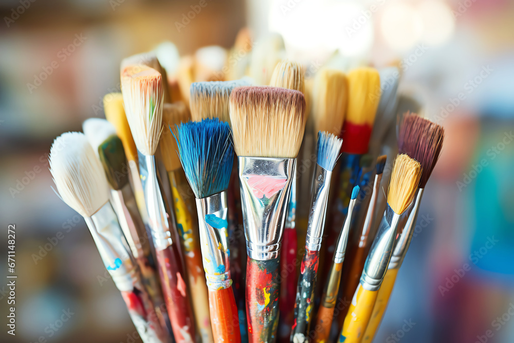 Fototapeta premium paint brushes in painting studio , AI generated