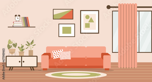 Living room with sofa, home plants on the bedside table, window, bookshelf and paintings on the wall. Flat interior in minimal style, vector