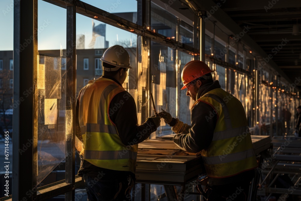 Males technician measuring window frame at construction Males technician measuring window frame at construction