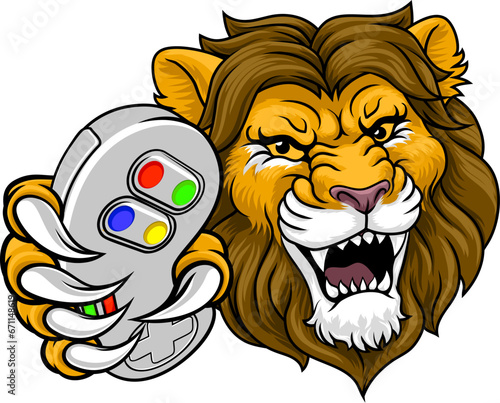 A lion gamer with video game controller sports team animal mascot