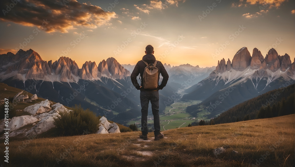 concept of freedom, back view of a man standing on a mountain with a view of the peaks of the Dolomites in Italy before sunset