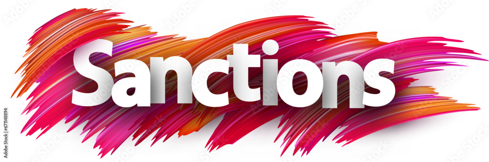 Sanctions paper word sign with pink paint brush strokes over white. - obrazy, fototapety, plakaty 