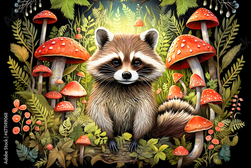 Illustration of a whimsical raccoon in a forest filled with mushrooms and ferns.