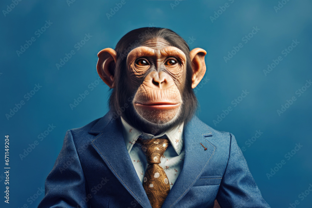 Monkey in business suit on blue background. Concept of successful education Monkey in business suit on blue background. Concept of successful education
