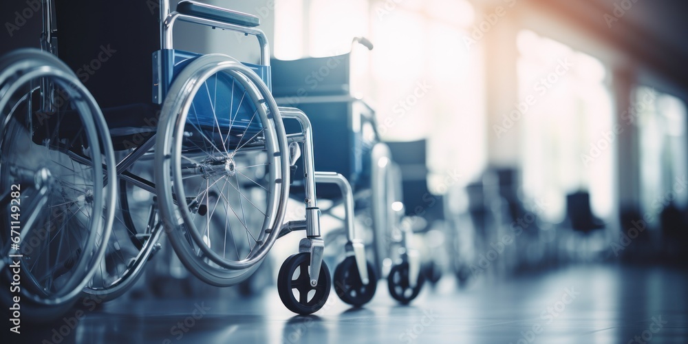 Wheelchairs in the hospital with copy space on area. - obrazy, fototapety, plakaty 