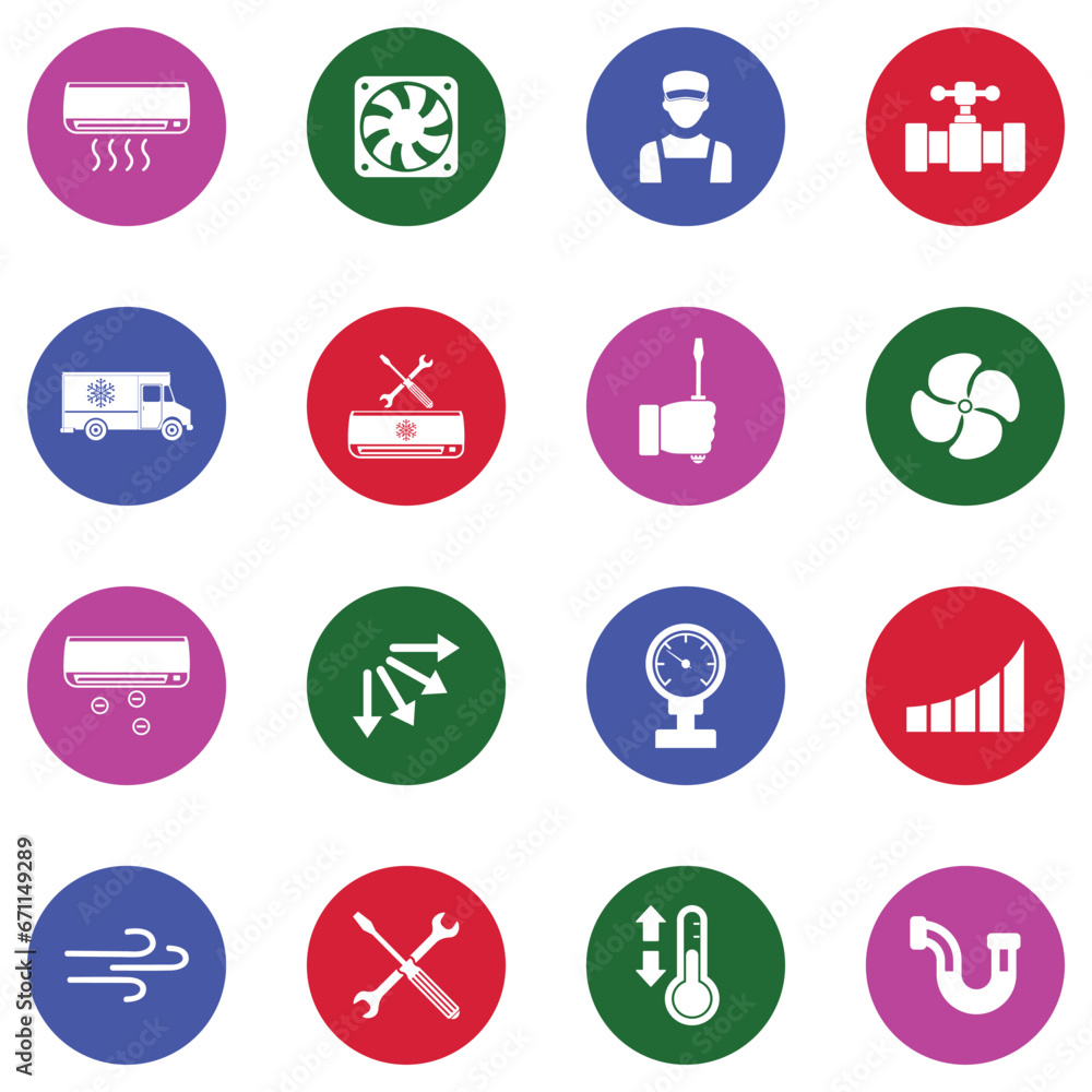 Air Conditioning Maintenance Icons. White Flat Design In Circle. Vector Illustration. Air Conditioning Maintenance Icons. White Flat Design In Circle. Vector Illustration.