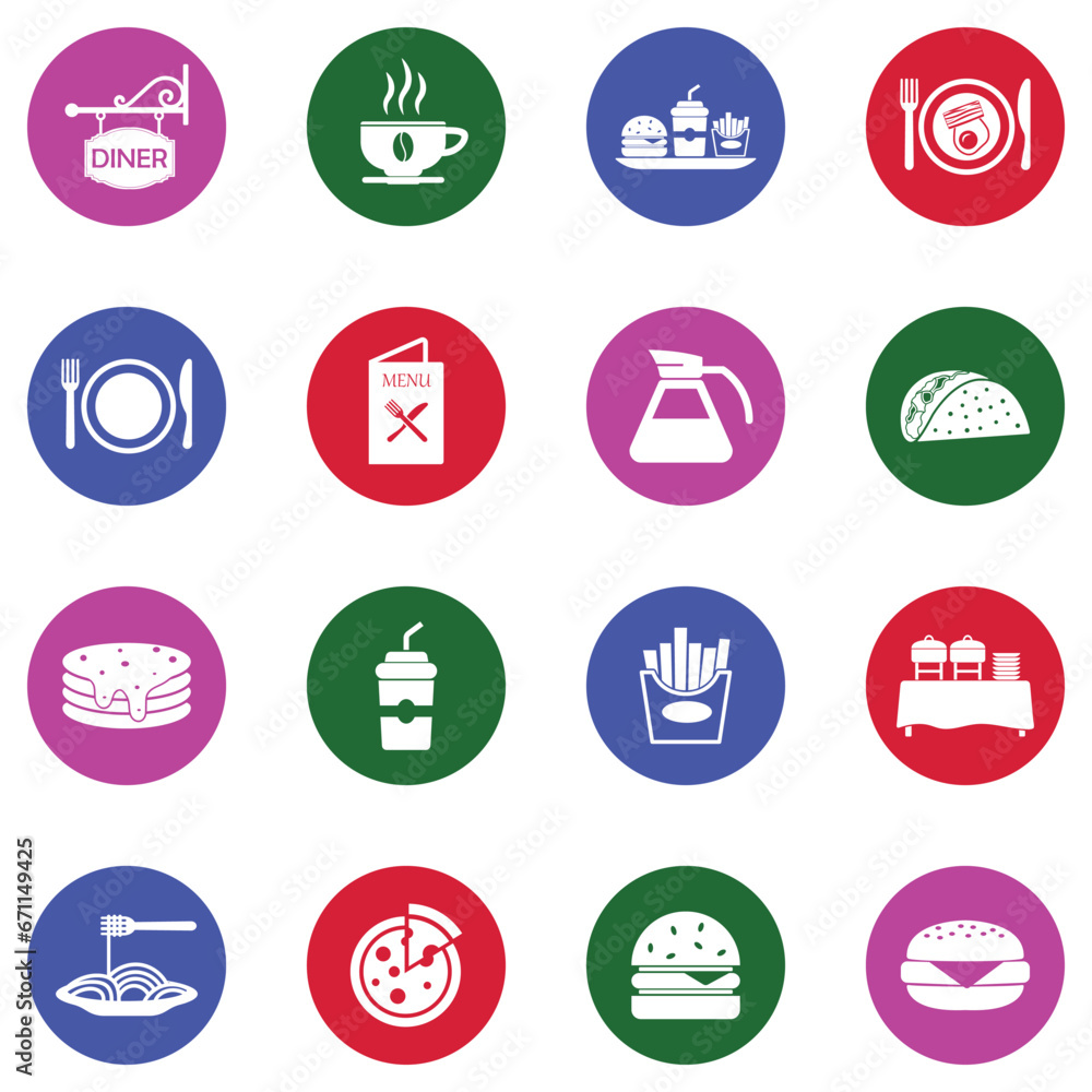 Fototapeta premium Diner Icons. White Flat Design In Circle. Vector Illustration.