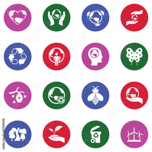 Earth Day Icons. White Flat Design In Circle. Vector Illustration.