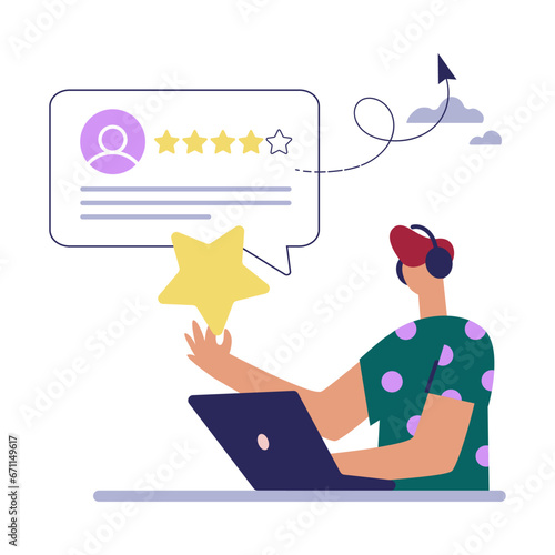 Man sitting with laptop giving feedback review or leaving comments. Customer satisfaction rating, consumer online survey. Hand drawn vector illustration isolated on background, flat cartoon style.
