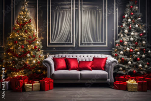 Christmas background with Christmas tree  gifts and sofa against a wall