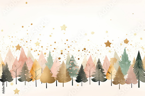 illustration of soft pink, green and golden christmas trees boho style on white ground with space for text, christmas background