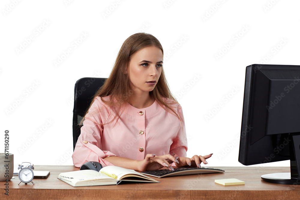 beautiful female manager using PC computer for online work at office beautiful female manager using PC computer for online work at office