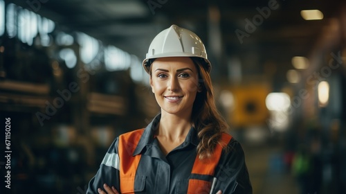 Portrait of Industry maintenance engineer white woman wearing uniform and safety hard hat on factory, generative ai., © Hixel