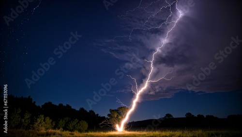 Bright lightning struck a lonely tree that grows in the middle of the field. Element, thunderstorm.